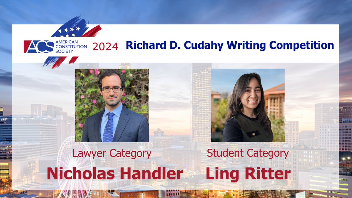 ACS is pleased to announce this year's Richard D. Cudahy Writing Competition on Regulatory and Administrative Law winners Nicholas Handler and Ling Ritter of @stanfordlaw. They will both be recognized at this year's Annual Convention in Atlanta, June 6-8 acslaw.org/press_release/…