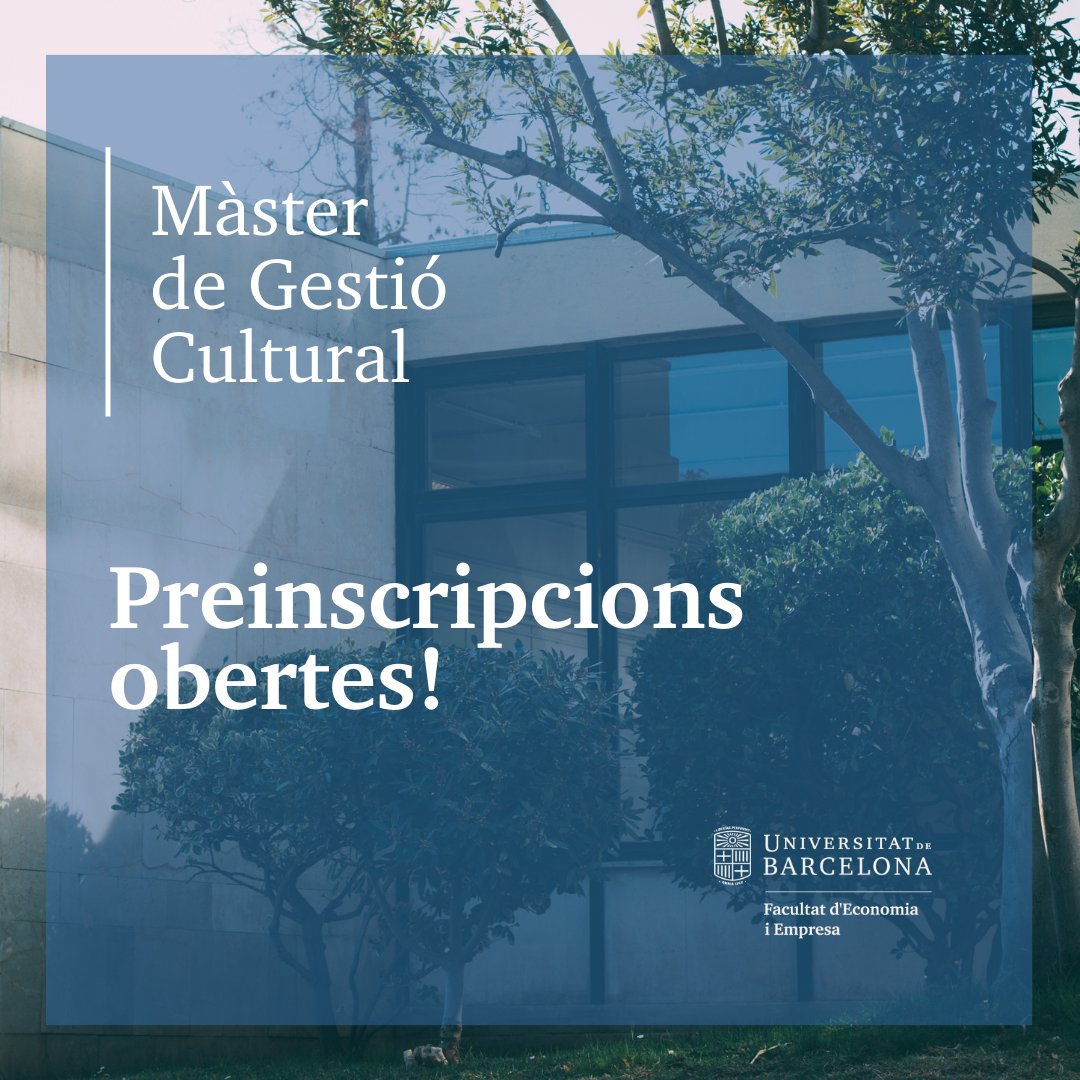 Facultat d'Economia i Empresa UB (@ubfacecoiempres) on Twitter photo 📢Si t’interessa la #cultura, el #màster en Gestió Cultural <a href="/gculturalUB/">Programa Gestión Cultural UB</a> t'ajudarà a formar-te per ocupar llocs d'alta responsabilitat de l’àmbit públic i privat, tant de projectes generalistes com dels diversos subsectors culturals.
Més info: bit.ly/411HFGd 📢Si t’interessa la #cultura, el #màster en Gestió Cultural <a href="/gculturalUB/">Programa Gestión Cultural UB</a> t'ajudarà a formar-te per ocupar llocs d'alta responsabilitat de l’àmbit públic i privat, tant de projectes generalistes com dels diversos subsectors culturals.
Més info: bit.ly/411HFGd