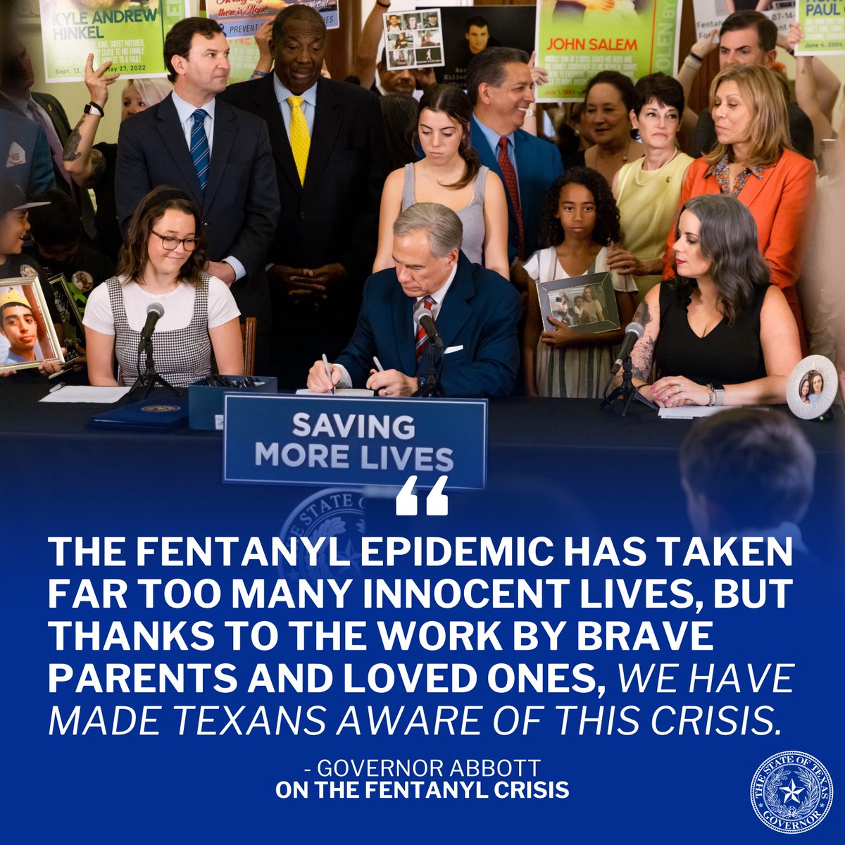 Last year, I signed 4 laws to combat the national fentanyl epidemic: ✅Prosecute fentanyl deaths as murder ✅Provide more live-saving NARCAN to colleges & universities ✅Educate young Texans about the dangers of fentanyl ✅And more! Texas will keep fighting the fentanyl crisis.