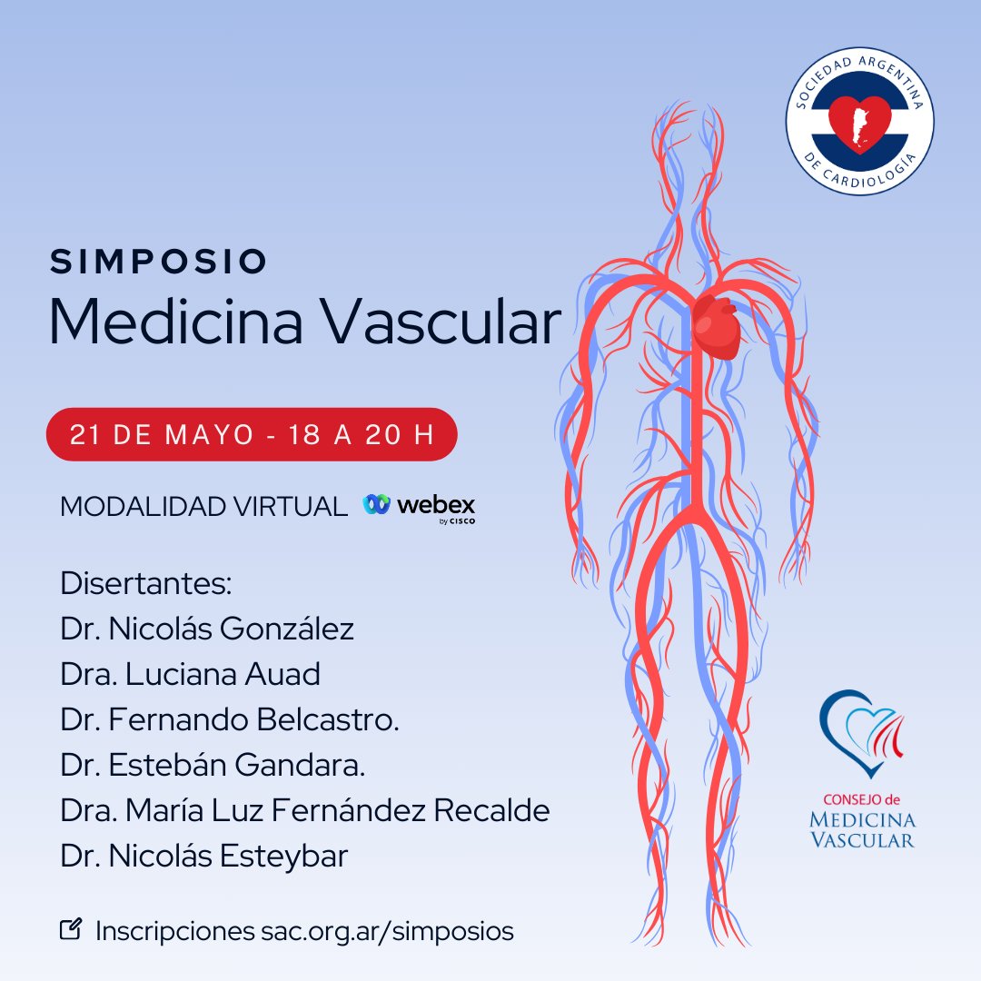 🔵Simposio de Medicina Vascular 📅 Martes 21 de mayo ⏰ 18 h ✅ Más información 🔗 sac.org.ar/evento/simposi…