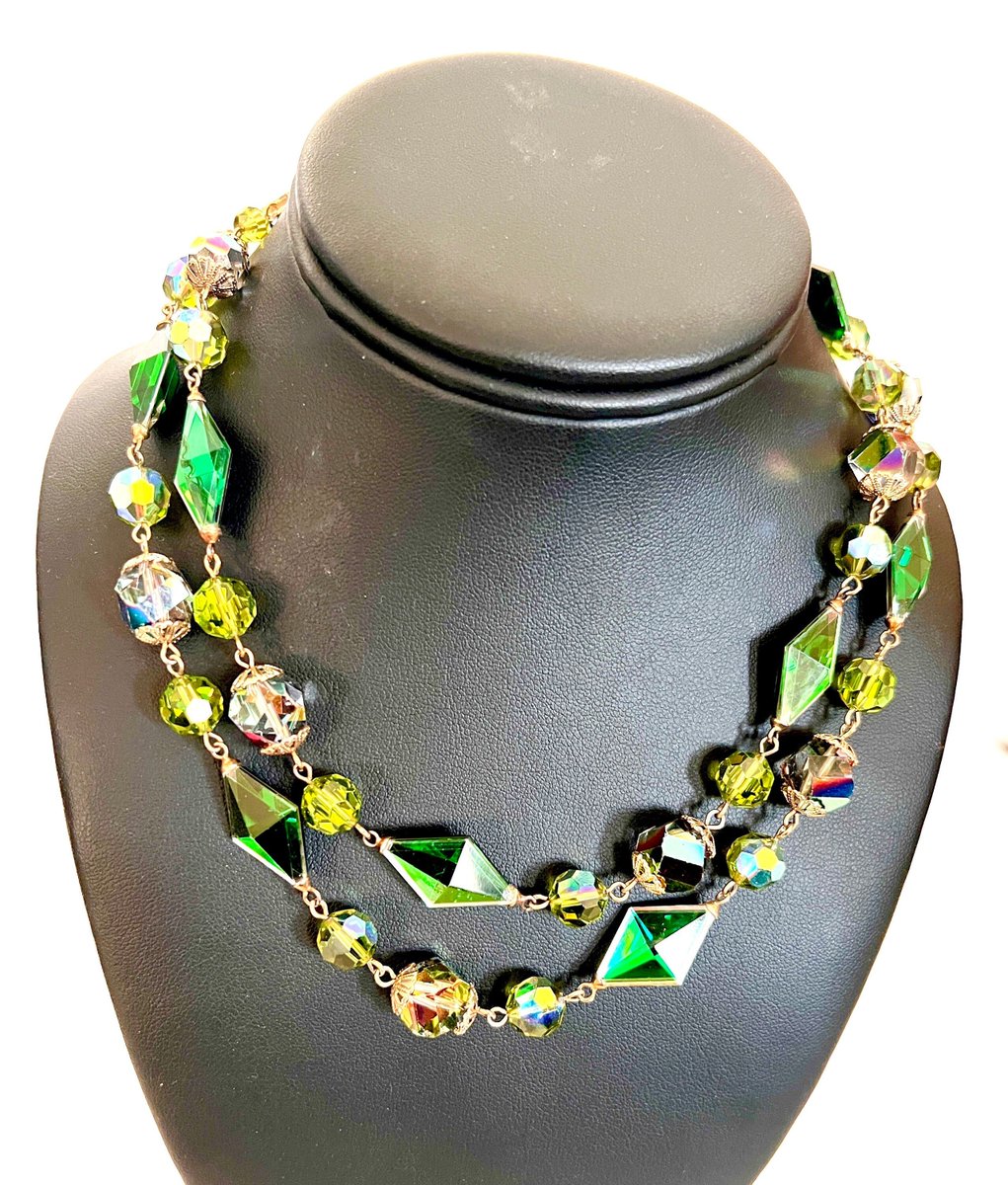 Vendome Green Double Strand Necklace variety of green Crystals Aurora Borealis Beads Signed Gift for Her #GreenCrystals #VendomeNecklace $155.00 ➤ etsy.com/listing/171357…