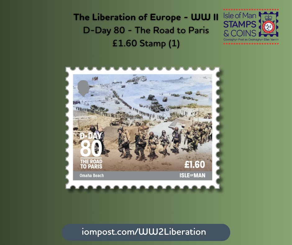 The Liberation of Europe - WW II D-Day80 - The Road to Paris Stamp 3 (£1.60) Omaha Beach: Picturing the masses of Allied troops as they progress in-land having successfully captured the beaches, this stamp displays the size and scale of the operation. bit.ly/3WpG1yC