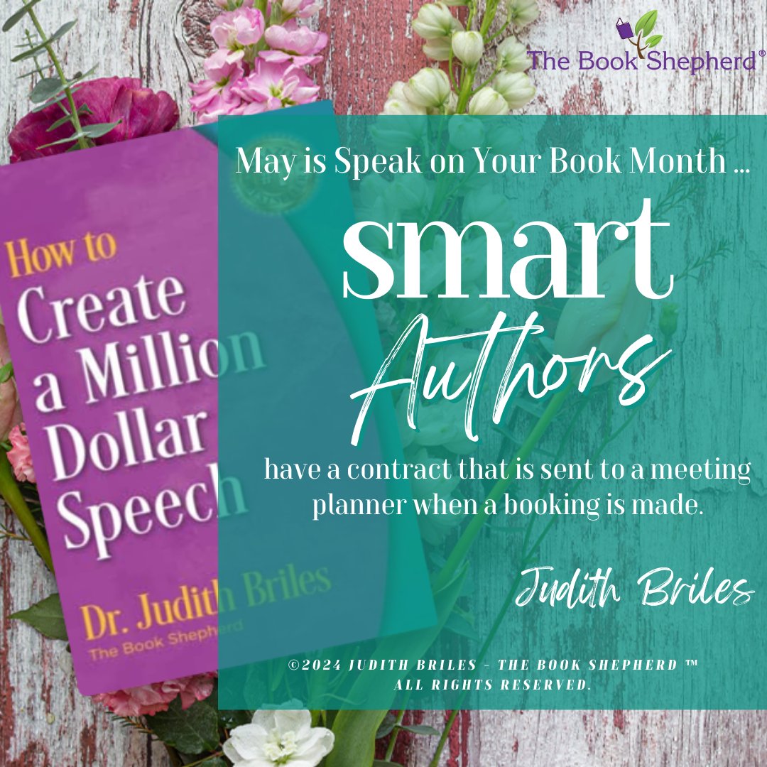 May is Speak on Your Book Month ... Smart authors have a contract that is sent to a meeting planner when a booking is made.

bit.ly/MillionDollarS…
#JudithBriles #ThursdayReads #SpeakOnYourBookMonth #AuthorLife #BookMarketing #KindleUnlimited #AuthorCommunity #Book  #WritersLift