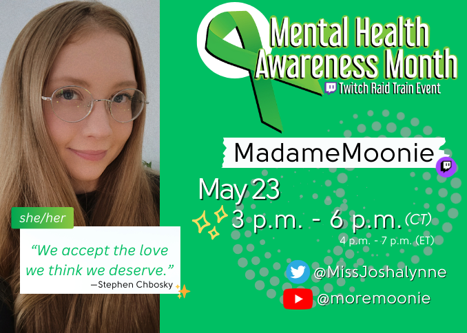 I'm excited to announce I will be participating in the Mental Health Awareness raid train event hosted by @Ari_ishere_!💖

My time slot starts May 23rd at 3pm CT (4pm ET) w/ lots of mental health discussions!✨Hope to see you there!
The full schedule: mhealthevent.carrd.co