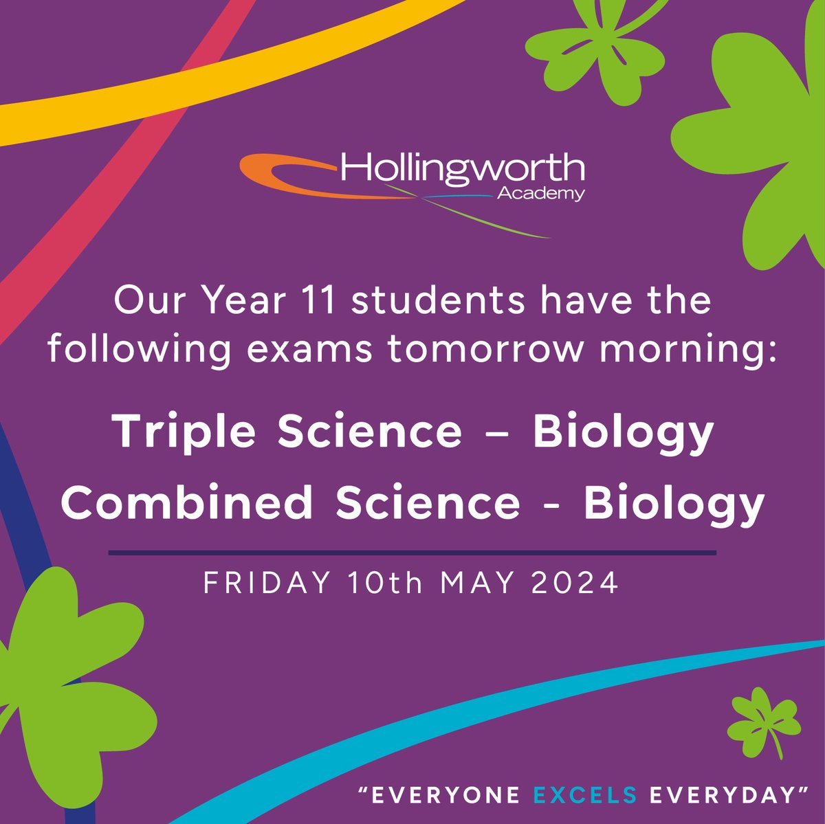 “Good luck to everyone for their Biology exams tomorrow! You've worked hard to get this far, so go on and do yourselves proud. Don't forget your calculator for all your Science exams! 👍” – The Science Department 🍀✨ @WCSQM #raisingrochdale #worldclass #everyoneexcelseveryday