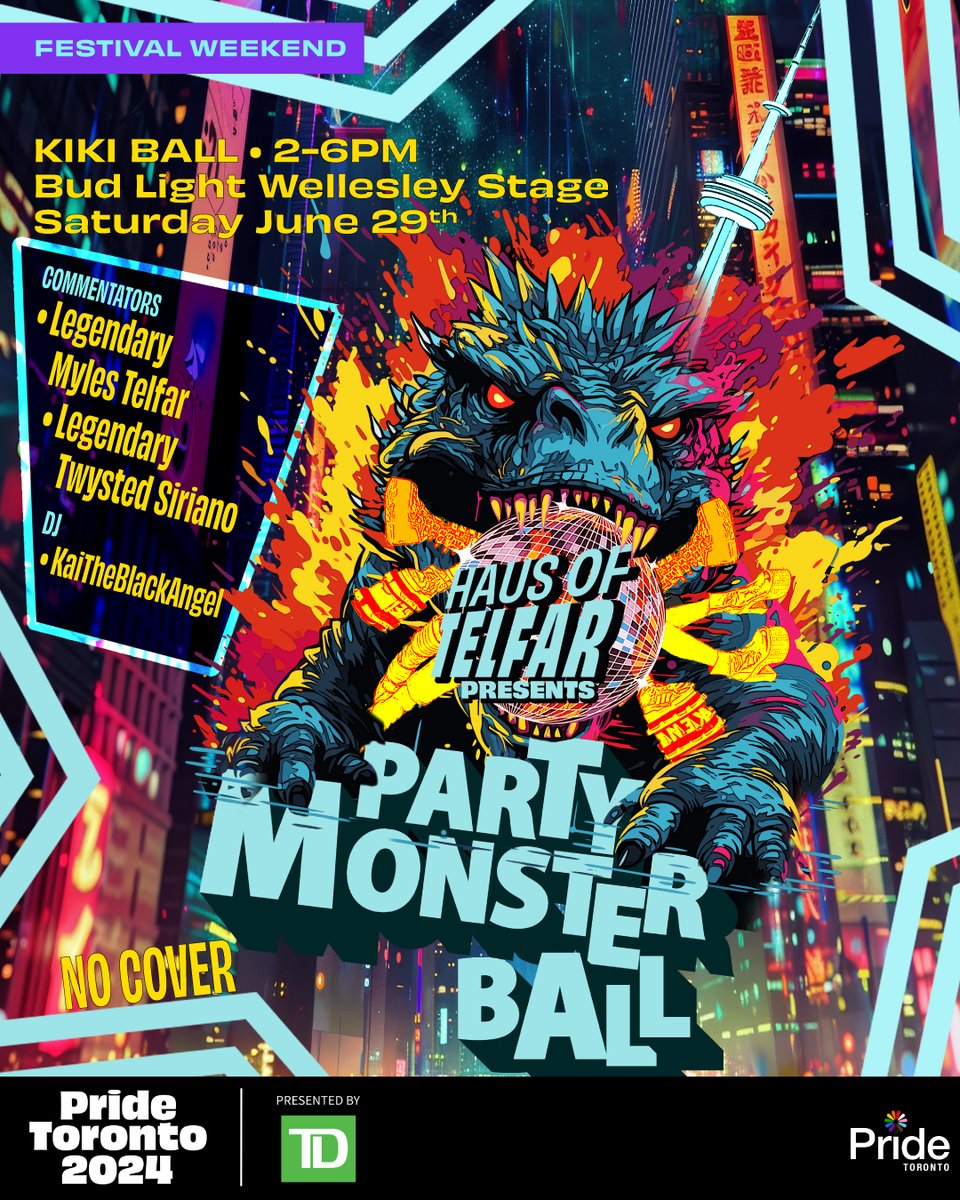 Be_____ Montrous! Pride Toronto & The Artistic Haus Of Telfar Present Party Monster KiKi Ball! Saturday June 29| 2-6pm | Bud Light Wellesley Stage ! NO COVER | Theme: 80s/90s Club Kids | We call all the creatures of the night to the floor in an 80s/90s club kid-inspired look.