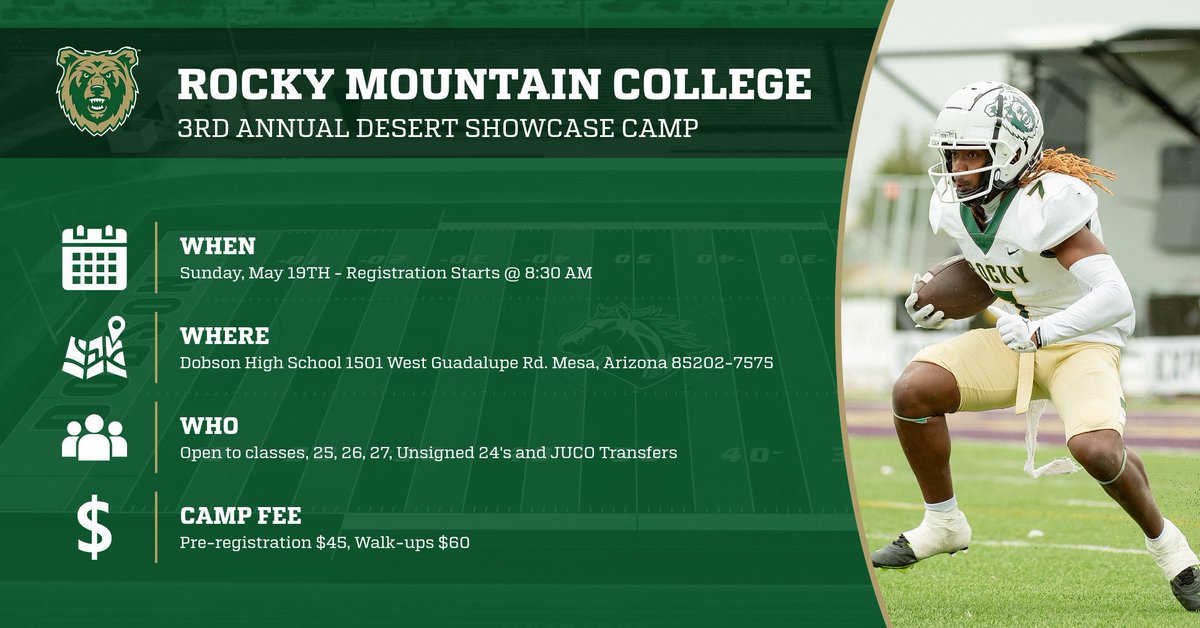 @Rocky_Football is in the valley seeing a lot of guys at schools & practices. But what better way to show our WHOLE staff what you got then our camp in the Desert! We are about 30 spots from being full! Come out & get coached by ROCKY! #LotOfReps