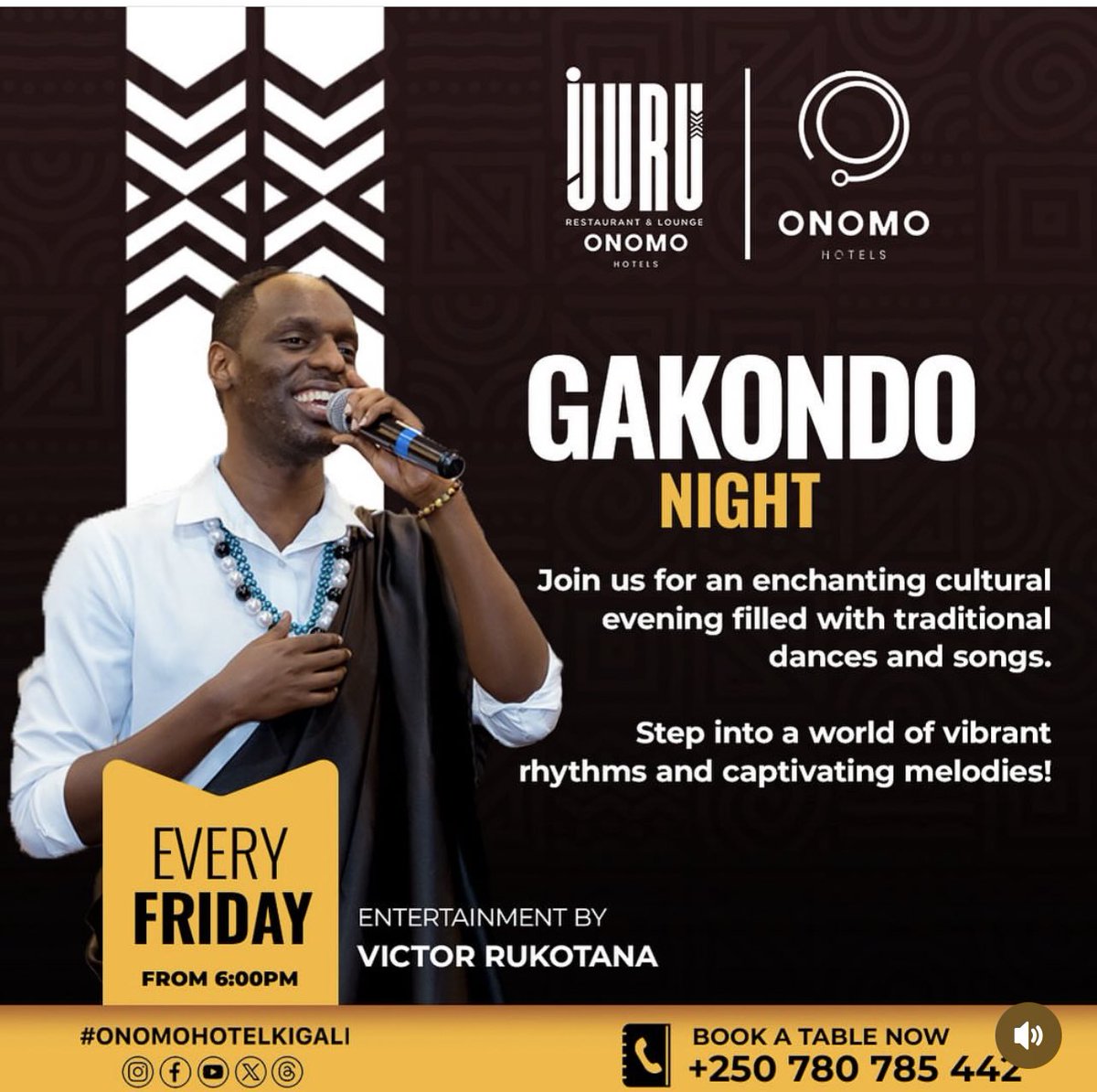 Tomorrow we go Party Gakondo Music at Onomo Hotel with @VRukotana Bring your friends , family , wife to enjoy your fav weekend . Every friday we make you happy traditionally . Live Band Music . #Rwandan Music