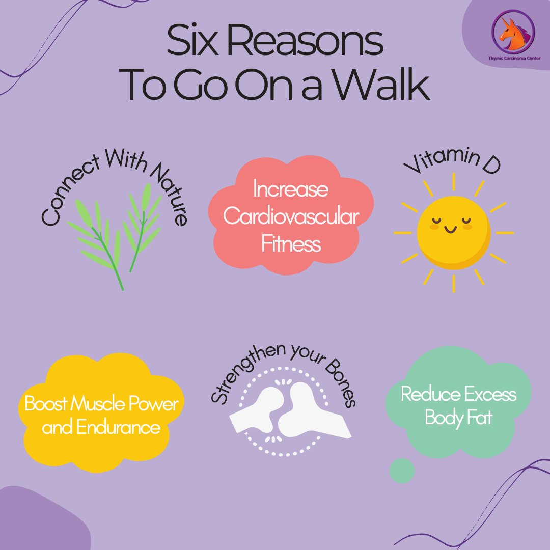 Check out these benefits of walking! 💜🧡 Join us anytime this month for our VIRTUAL Unicorn Walk for Hope. 💜🧡 

For more information or to sign up, visit ow.ly/OxOB50RwYmZ

#WalkForACause #ThymicMalignancyAwarenessMonth #RaiseAwareness #UnicornWalkForHope
