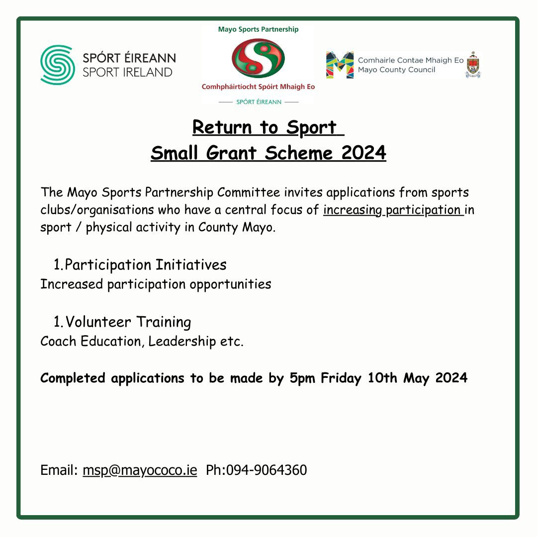 *Closing tomorrow, May 10th* Return To Sport Small Grant Scheme 2024 The @MayoSport1 Committee invite applications from sports clubs/organisations who have a central focus of increasing participation in sport/physical activity in Mayo. More info: mayo.ie/sports-partner…