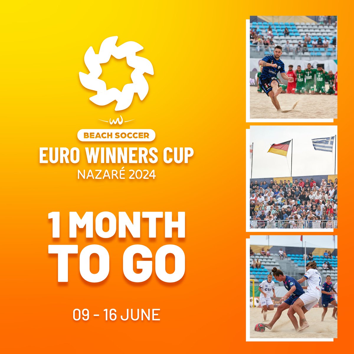 ⏰ 𝗢𝗡𝗟𝗬 1️⃣ 𝗠𝗢𝗡𝗧𝗛 𝗧𝗢 𝗚𝗢 until the Euro Winners Cup 2024 gets underway in #Nazaré 🏆🔥 𝗪𝗔𝗧𝗖𝗛 𝗔𝗟𝗟 𝗧𝗛𝗘 𝗠𝗔𝗧𝗖𝗛𝗘𝗦 from the #EWC2024 𝗟𝗜𝗩𝗘 𝗙𝗢𝗥 𝗙𝗥𝗘𝗘 on Beach Soccer TV! 🤩📺 Who’s ready? 🤔 #BeachSoccer