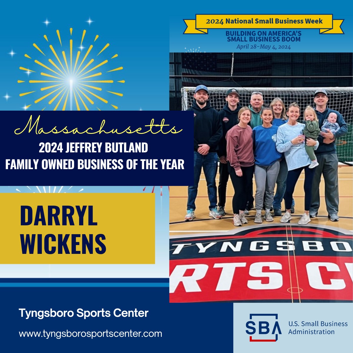 🏆 Congratulations! The 2024 #Massachusetts Young Entrepreneur of the Year is Darryl Wickens, Chief Sports Officer, Tyngsboro Sports Center! tyngsborosportscenter.com #SmallBusinessWeek