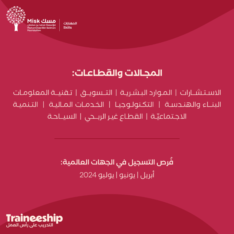 MiskSkills's tweet photo. دعوة لطلاب الجامعة المقبلين على التخرُّج، وحديثي التخرُّج.

نتيح لك فُرص تدريبيّة من #أوسع_الأبواب؛ جسرًا بين أكبر المنشآت التدريبية وأفضل المتدرّبين ليصلَ كل طموحٍ لغايته! 

ابدأ قصة نجاحك واستثمر في نفسك ومؤهلاتك مع أفضل الجهات المحليّة والعالميّة.