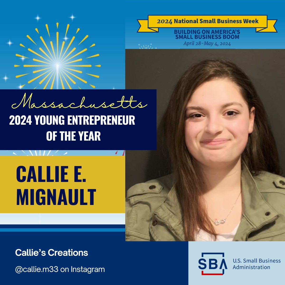 🏆 Congratulations!  The 2024 #Massachusetts Young Entrepreneur of the Year is Callie E. Mignault, Founder of Callie's Creations!  instagram.com/callie.m33
#SmallBusinessWeek