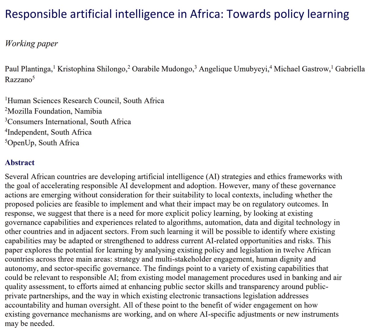 Responsible artificial intelligence in Africa: Towards policy learning (working paper) osf.io/preprints/soca…