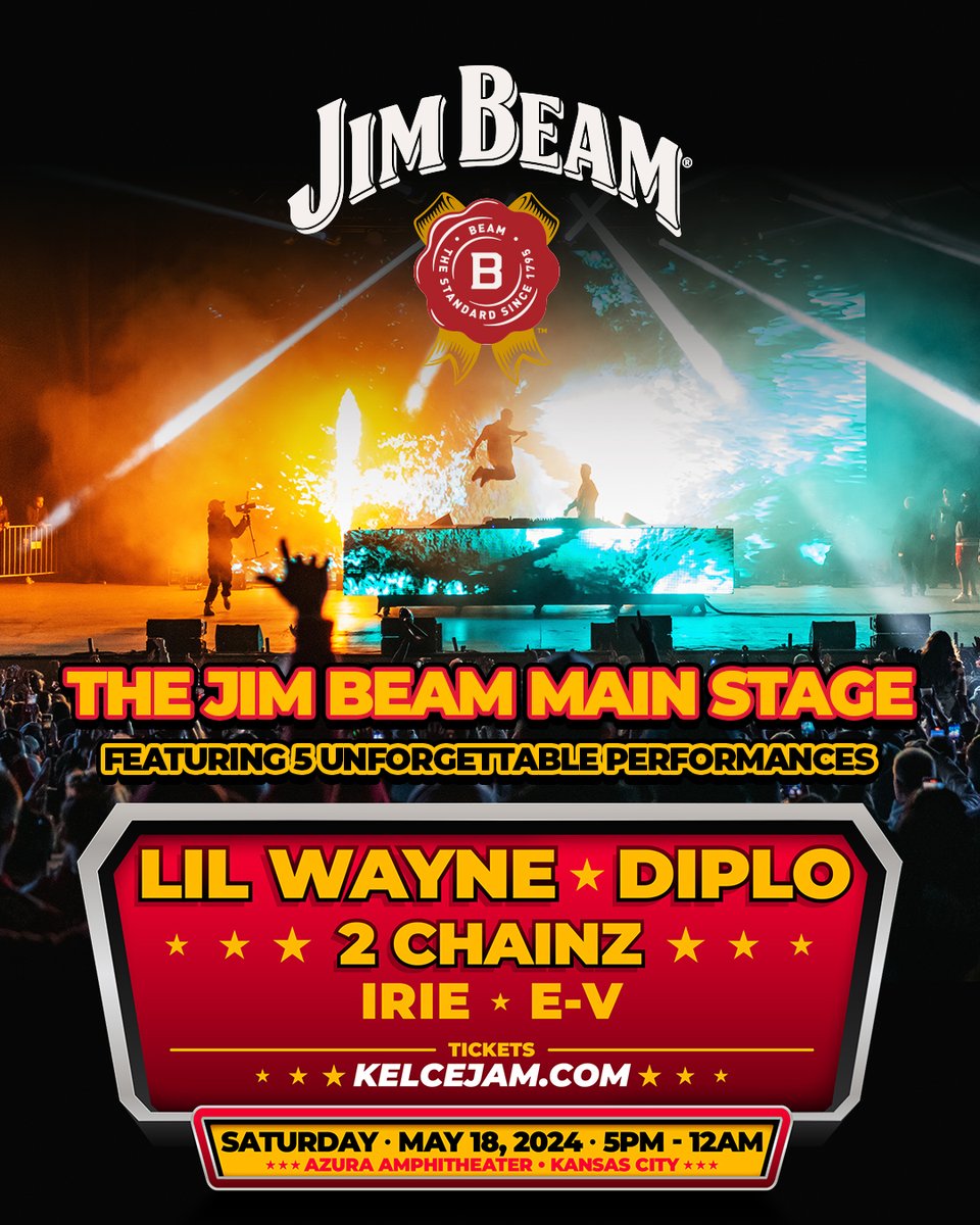 The @JimBeam Main Stage at #KelceJam will come alive on May 18th with unforgettable performances by @LilTunechi, @Diplo, @2Chainz and more! Tickets are almost sold out - buy now at KelceJam.com 🏈🏆