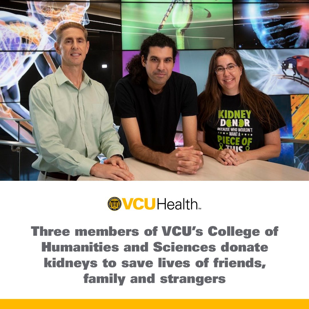 Becky Durfee, Ray Ibrahim and Jeff Green didn’t know one another, even though they all work in VCU’s College of Humanities and Sciences. Now, they share a bond — the act of saving a life through kidney donation.💙💚 Read the story 🔗 bit.ly/44CUvgz @VCU