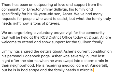 Prayer Vigil at the RCS Central Office today at 2 p.m. for the community to support Asher and the Sullivan family. All are welcome.