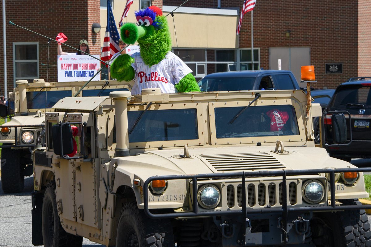 Brig. Gen. Terrence Koudelka, Command Sgt. Maj. Shawn Phillips and other @PANationalGuard members, along with representatives of the @PADMVA and @Phillies celebrated the 100th birthday of World War II veteran Paul Trumbetas May 7. 📷: Tom Cherry