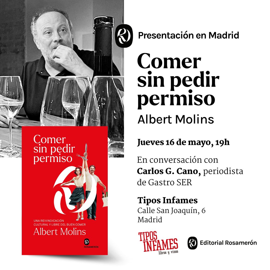 Madrileños!!! Ya tenemos nueva fecha para la presentación de #ComerSinPedirPermiso. Será el próximo 16 de mayo en la librería @tiposinfames a las 19 horas. Ya sé que os gusta más un puente que otra cosa en el mundo, y es el de San Isidro, pero os espero!!!