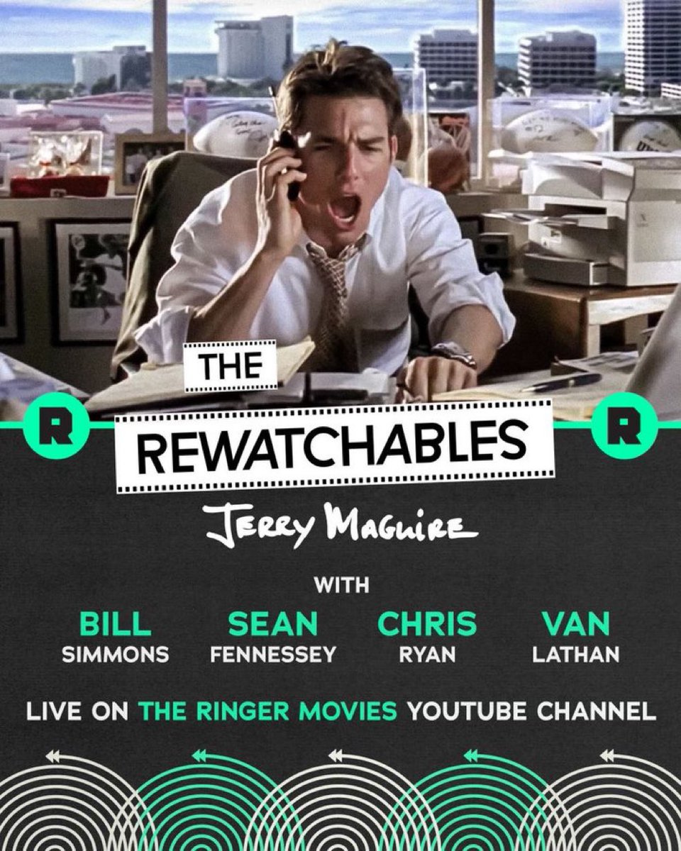 This Monday we’re doing a LIVE episode of @TheRewatchables! And we’re running back one of the first episodes we ever did, ‘Jerry Maguire.’ Time: 12 p.m. PT/3 p.m. ET Where: YouTube.com/@ringermovies