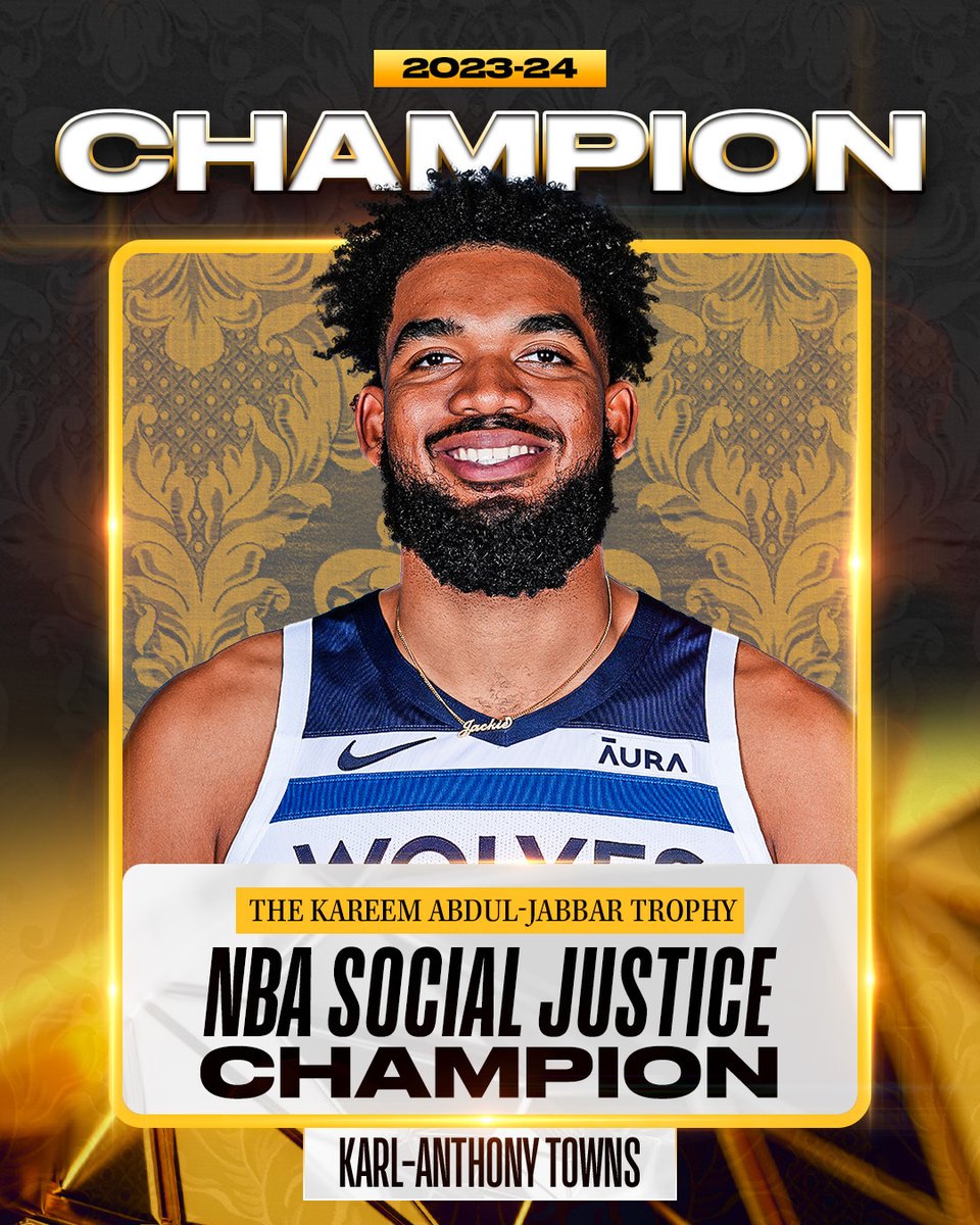 The 2023-24 NBA Social Justice Champion is... Karl-Anthony Towns! Towns will receive the Kareem Abdul-Jabbar Trophy for his voting rights advocacy as well as his work across the justice and education systems. $100K to be donated to the Boys & Girls Clubs of the Twin Cities