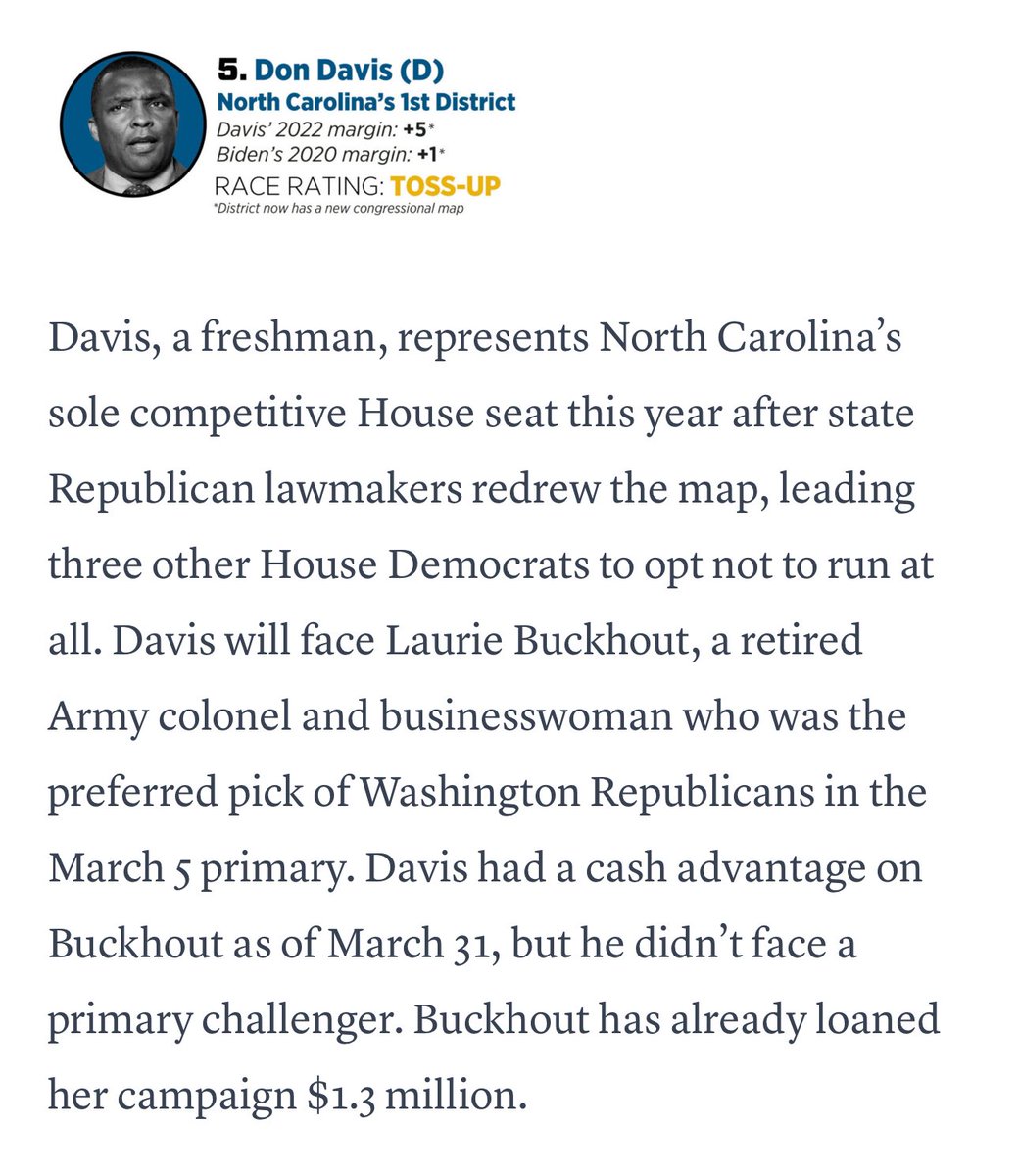🚨 My opponent @DonDavisNC officially joined the National “Most Vulnerable” Members list.

Why? Because Don is out of step with this district. He’s nothing more than a rubber stamp for the radical Biden agenda, and the people of #NC01 see right through his charades.

We WILL flip…