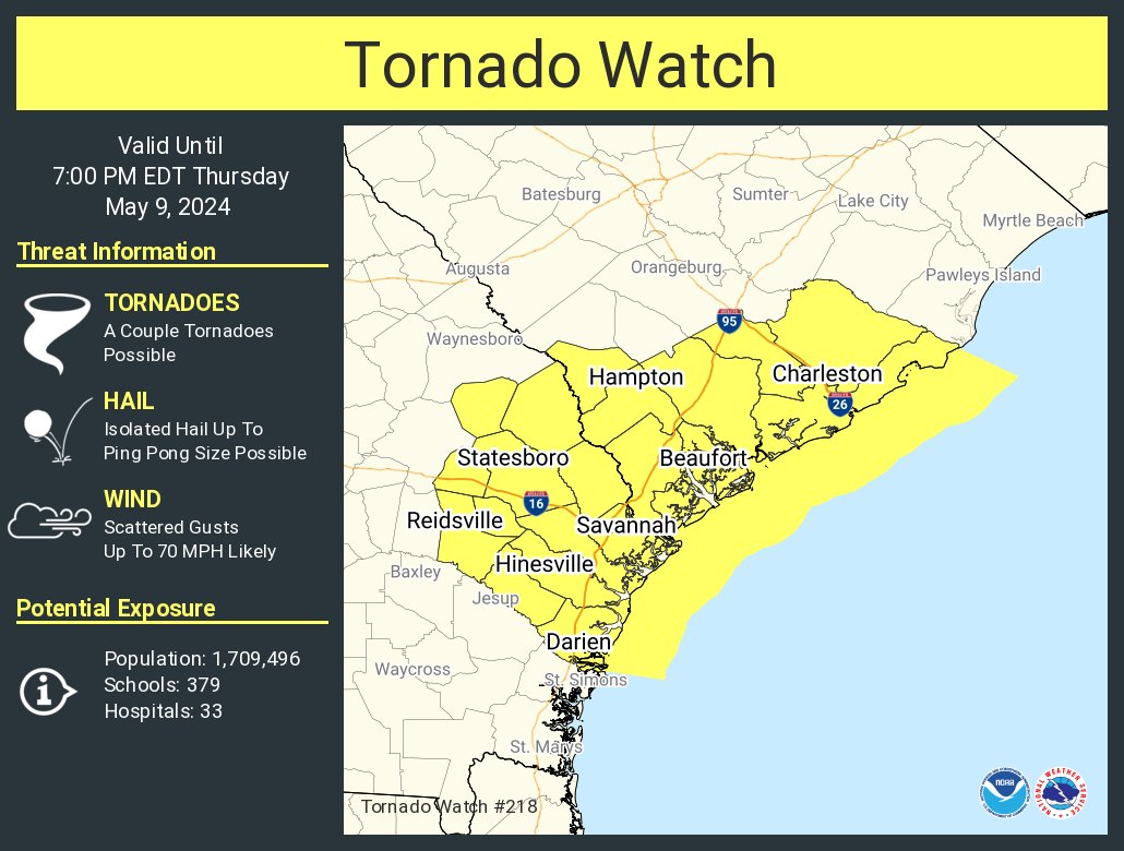 A tornado watch has been issued for parts of Georgia and South Carolina until 7 PM EDT
