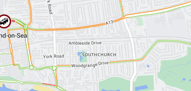 Essex_Travel: Southend on Sea - Slow moving traffic on Southchurch Road (Westbound) between  Royal Artillery Way and Queensway