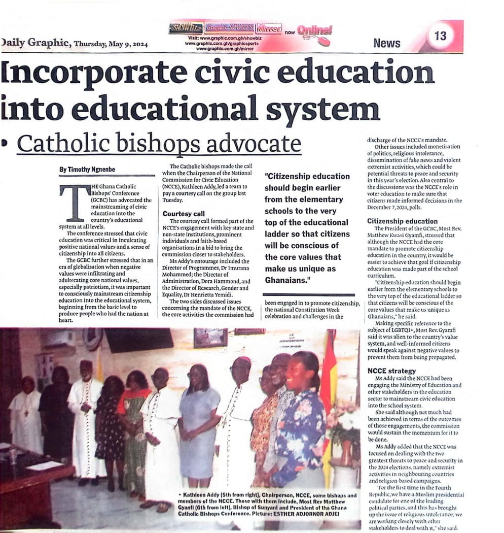 #Catholic Bishops Conference calls for the reintroduction of #Civic Education into Ghana’s educational system. The call was made during a visit by the #NCCE to the Catholic Bishops Conference in #Accra.