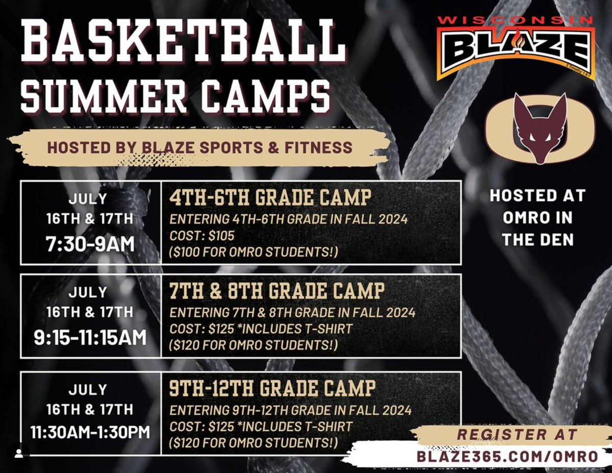 Incoming 4th-12th grade students won’t want to miss out on this opportunity to elevate their game and take their skills to the next level! Camps will be hosted by Blaze Sports & Fitness in the Den at Omro. Register for your age group at blaze365.com/omro today! #blazesports