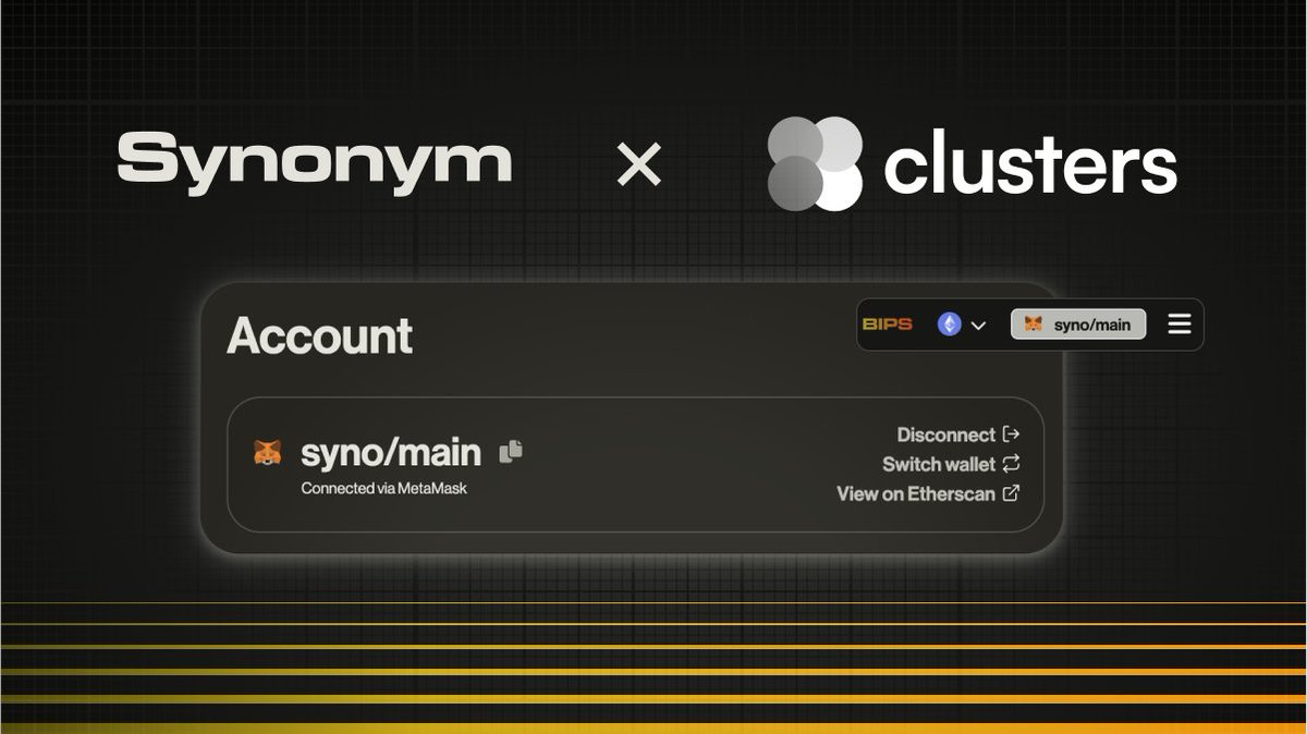 Synonym now supports @clustersxyz names! 🤝 Clusters is a universal namespace protocol that creates a seamless wallet directory for natively cross-chain users. Register a universal namespace and easily manage your wallets across all chains: clusters.xyz