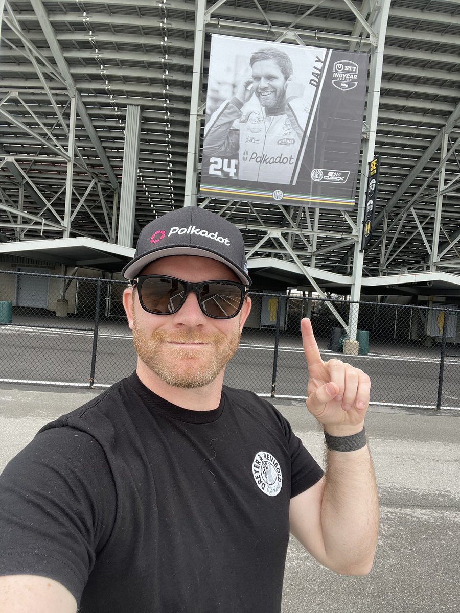 Always cool to see the driver banners go up around @IMS ! You can find my @Polkadot @DreyerReinbold banner outside of oval T2! Right next to @KyleLarsonRacin 😎 #Indy500