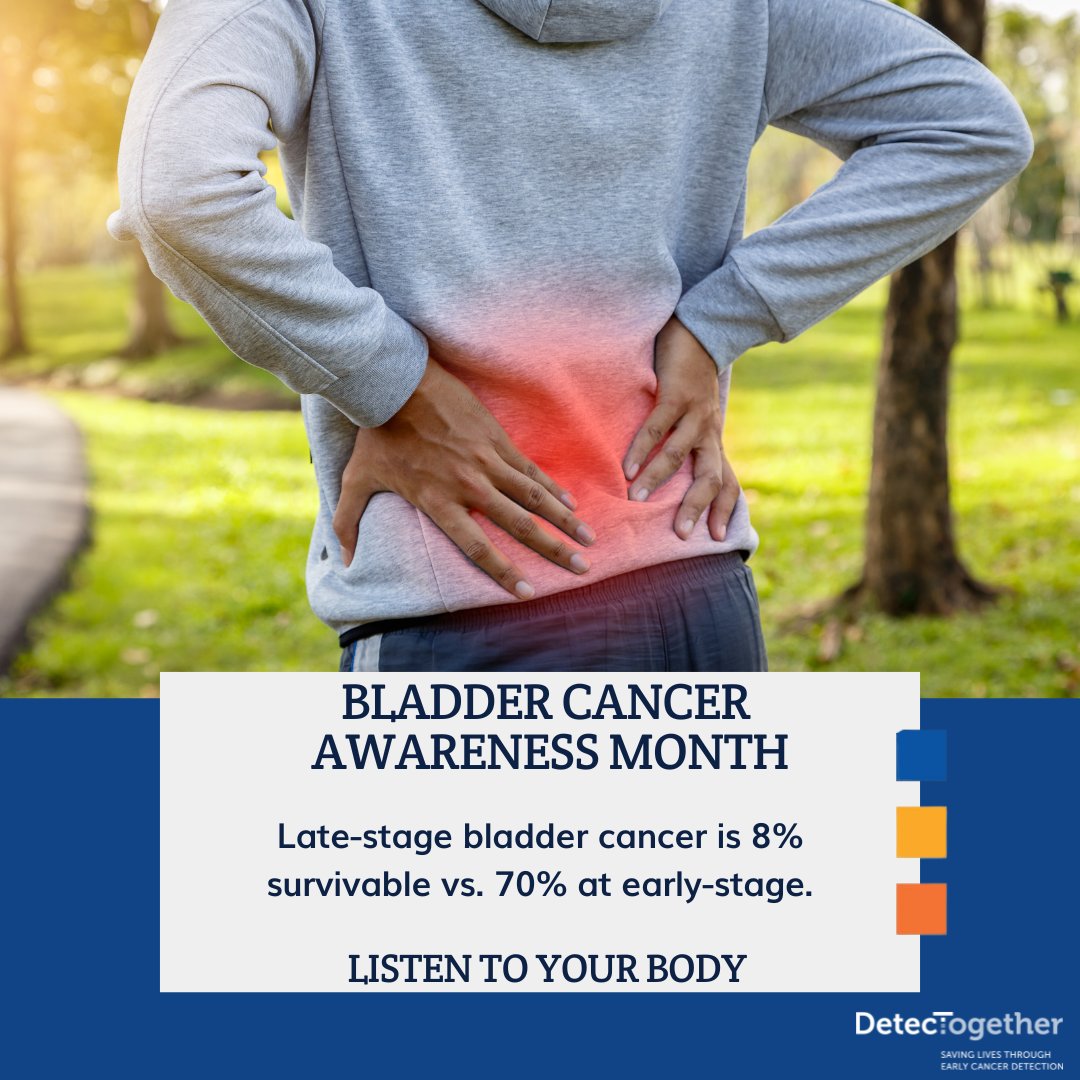 May is #bladdercancerawareness month. Be aware of subtle and persistent symptoms like lower back pain and frequent, painful urination. Take action and see your doctor. 

#Earlycancerdetection can make all the difference: bit.ly/3oRQK6o 

#getscreened #3stepsdetect