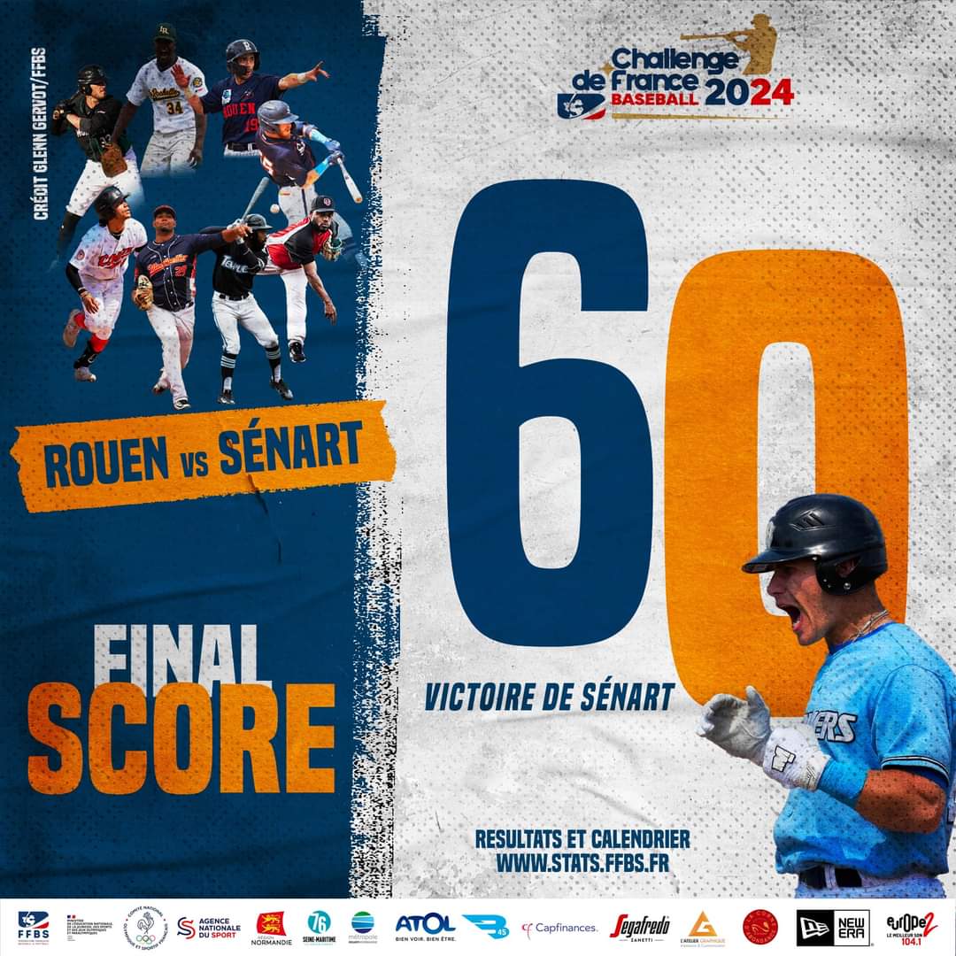 FINAL SCORE - Challenge de France Baseball 2024 ⚾️ Victoire des @TempliersSenart face à @rouenbaseball76 : 6-0 ! #ChallengedeFrance #Baseball #France