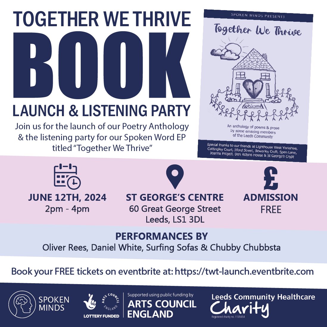 Join us to celebrate the launch of 'Together We Thrive' - an anthology of poems and a spoken word EP created from a series of poetry workshops in partnership with support services based in Leeds. Book tickets: twt-launch.eventbrite.com Supported by: @ace_national & @LCHNHSTrust