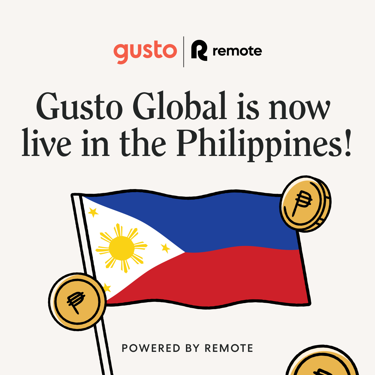 Gusto, now live in the Philippines 🇵🇭 With Gusto Global, powered by @remote, you can take your US business global and hire full-time employees around the world. Find out more: gusto.com/product/soluti…