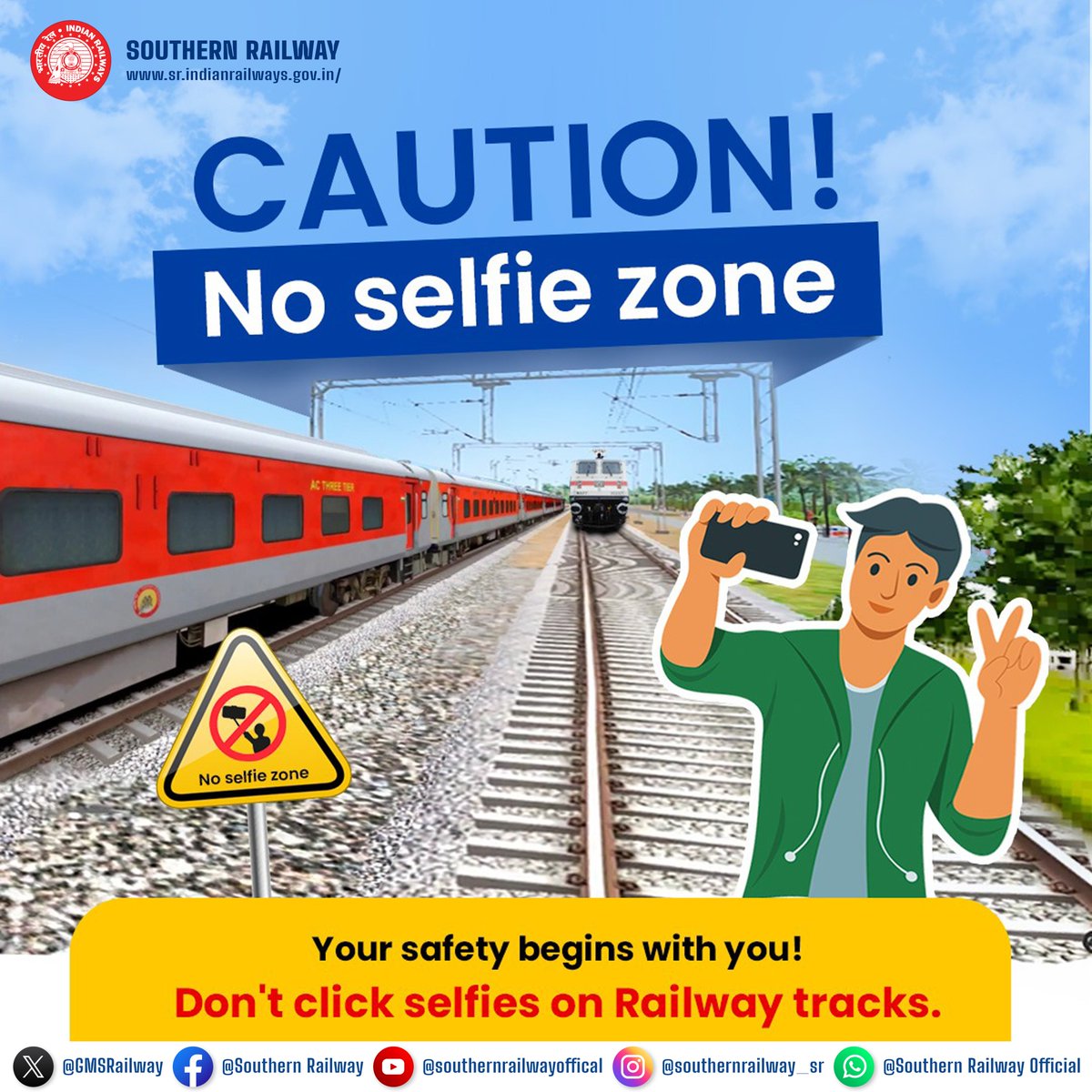 The perfect picture isn't worth your life Don't risk it for a selfie on railway tracks #SafetyFirst #NoSelfieZone #Safetyfirst #SouthernRailway