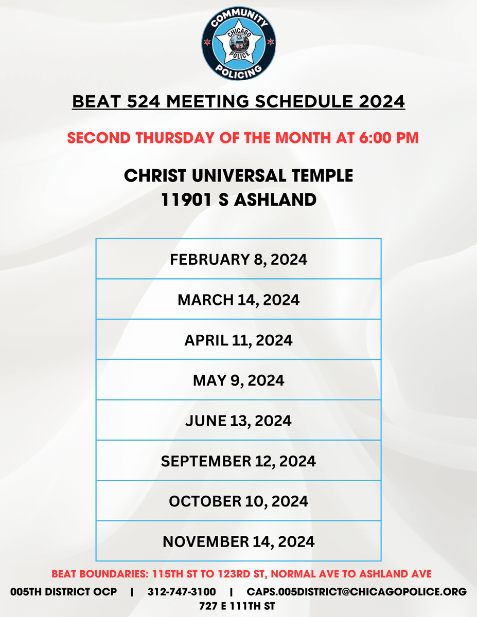 Join us for 524 Beat Meeting, TONIGHT, May 9th, 6:00 pm at Christ Universal Church, 11901 S Ashland