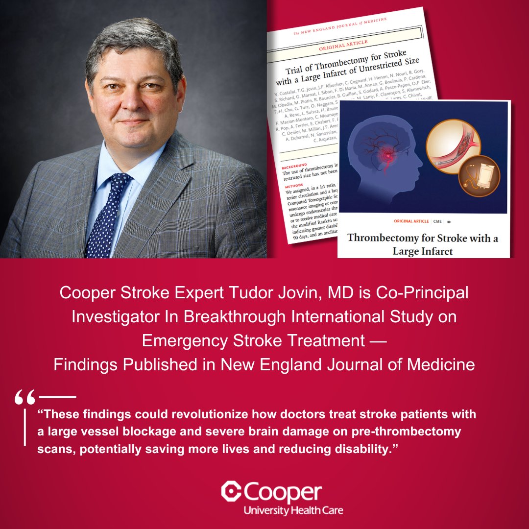 PUBLISHED TODAY: Internationally known #strokeexpert @TudorGJovin is the co-principal investigator & co-lead author of a study published today in @NEJM which demonstrates the benefits of treating #stroke patients with severe #braindamage. bit.ly/3UrDUHO @CooperNeuroRes