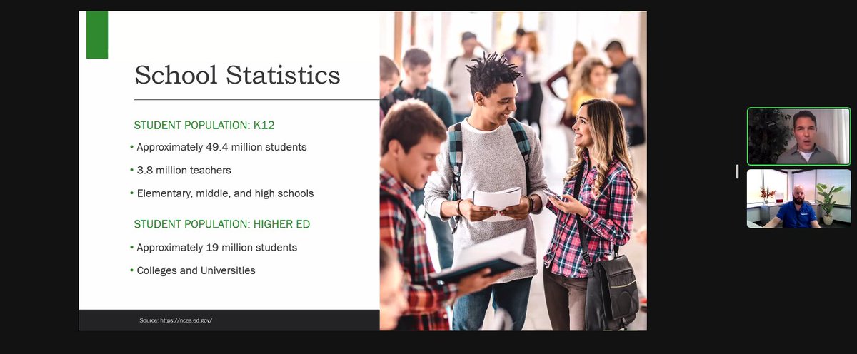 We are live with @schoolsecurity and @KateSchweit  discussing school statistics. Right now, there are approximately 49.4 million students with 3.8 million teachers in K-12. #schoolsafety #solutions #edtech