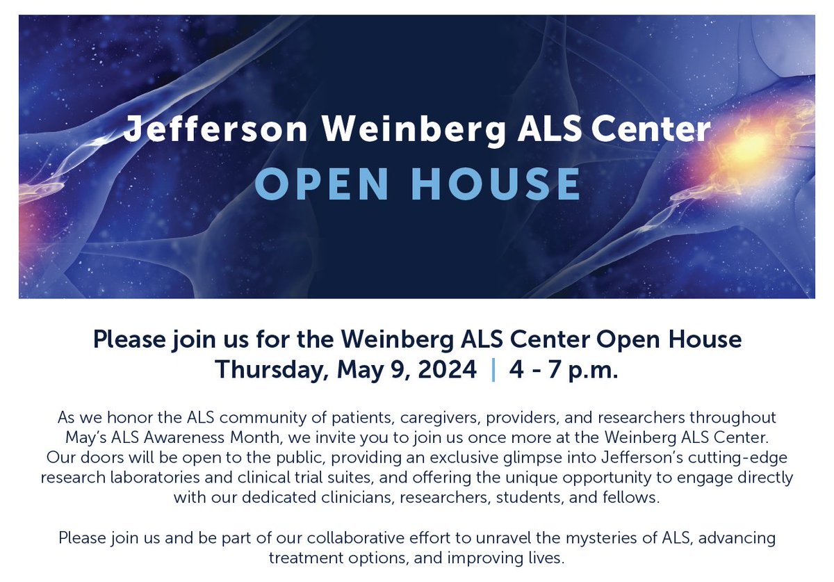 May is ALS Awareness Month. Join us today at the Weinberg ALS Center (<a href="/weinbergals/">Weinberg ALS Center</a>) Open House to learn more about our research and our efforts to contribute in the development of new therapies 🧠🔬🧫