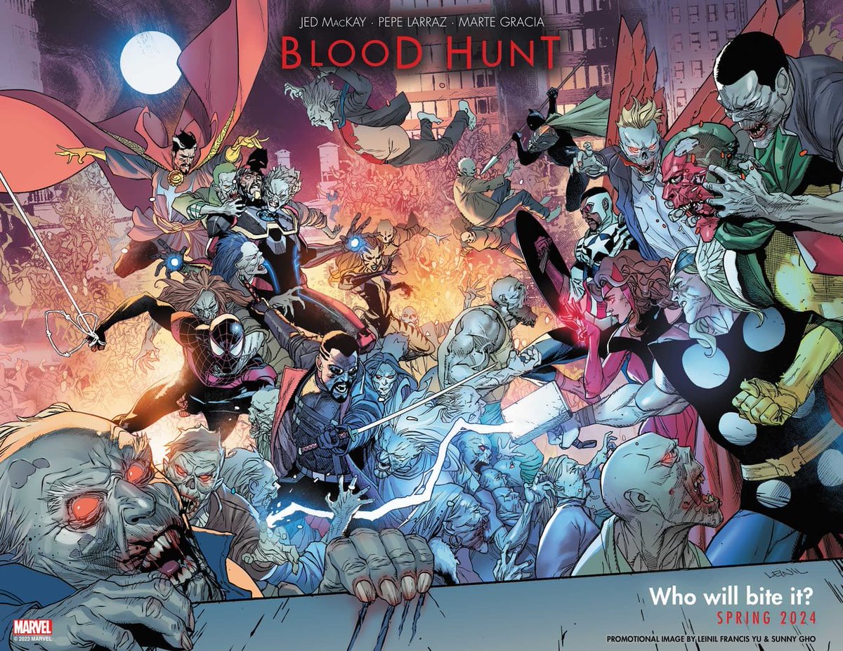 Blood Hunt roundup! Get your Blood Hunt roundup! 🩸 Your guide to tie ins, who’s dyin’ etc🧵 
Spoilers ahead for:
Dracula: Blood Hunt #1, Dr. Strange #15, Avengers #14, Bloodhunters #1, Amazing Spider-Man #49.