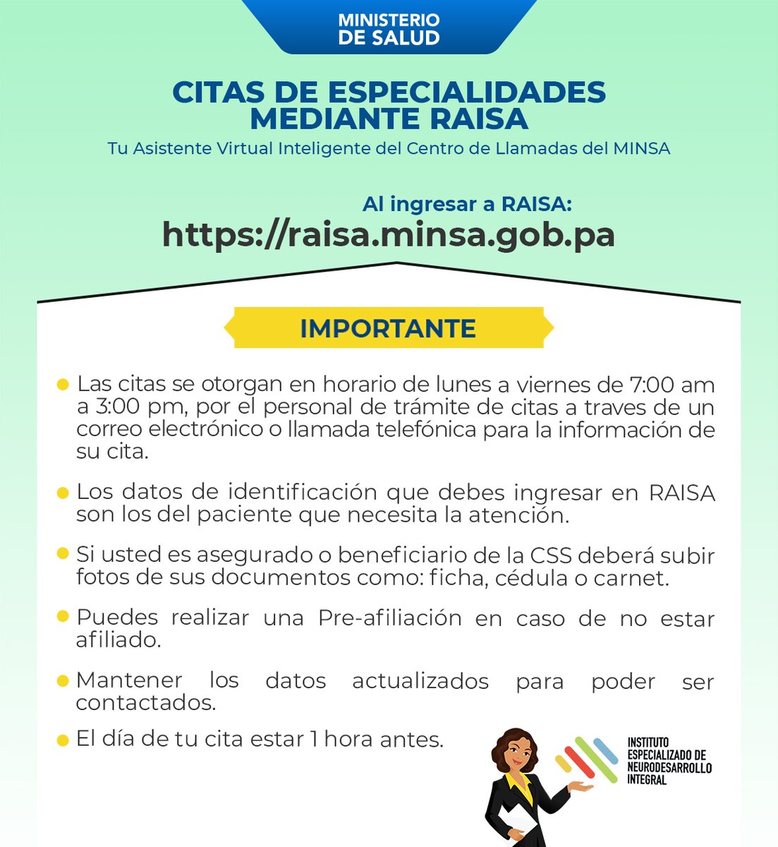 ¡Ahora puedes agendar tus citas de especialidades del IENDI en un instante! Solo debes ingresar a raisa.minsa.gob.pa y seguir los pasos, sin filas ni complicaciones.