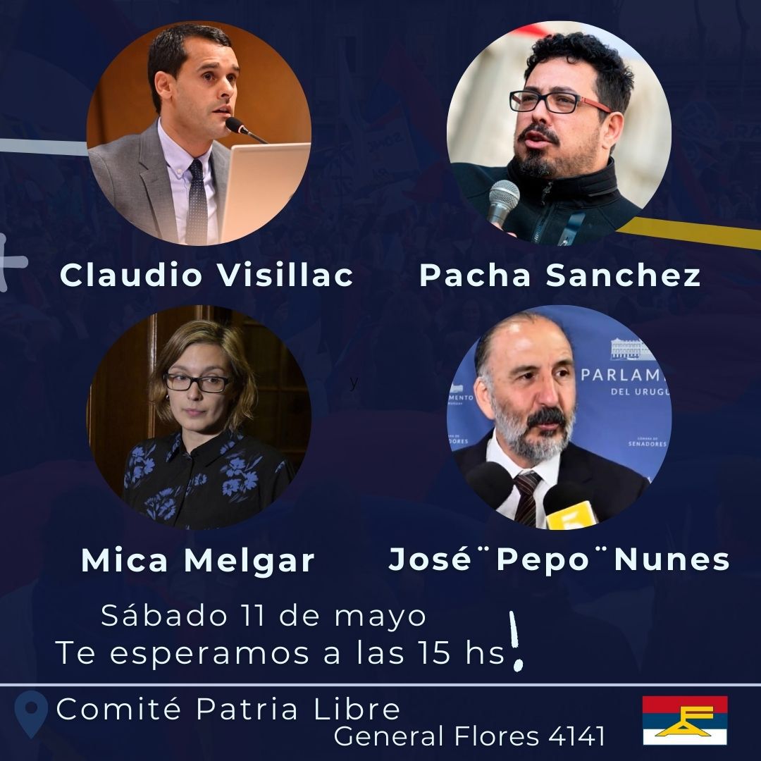 Este sábado a las 15.00 horas, vamos a estar con @MicaMelgar , @pachasanchez , @ClaudioVisillac en el Comité Patria Libre (Gral. Flores 4141), por el triunfo del @Frente_Amplio , por un nuevo gobierno de izquierda y gobernar pensando en los que menos tienen.