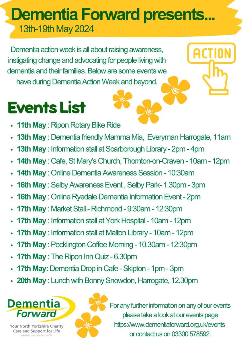 Next week is #dementiaactionweek Here are the events we have planned across #Northyorkshire #York