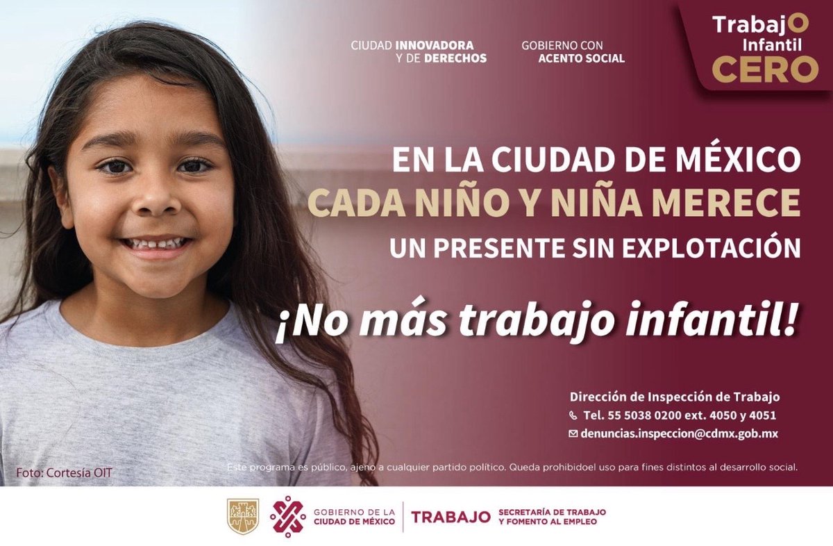 Si eres testigo de cualquier tipo de trabajo infantil en la Ciudad de México, no lo dejes pasar. ¡Realiza tu denuncia en el Área de Inspección Laboral! ☎️55 50380200 ext. 4050 y 4051 📩 denuncias.inspeccion@cdmx.gob.mx #TrabajoEnLaCiudad @TrabajoCDMX