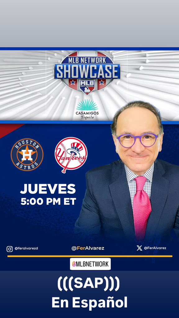 Hoy por @MLBNetwork MLB Network Showcase, presentado por Casamigos Tequila. En inglés y en español por el audio alterno (SAP) ¡Los esperamos!