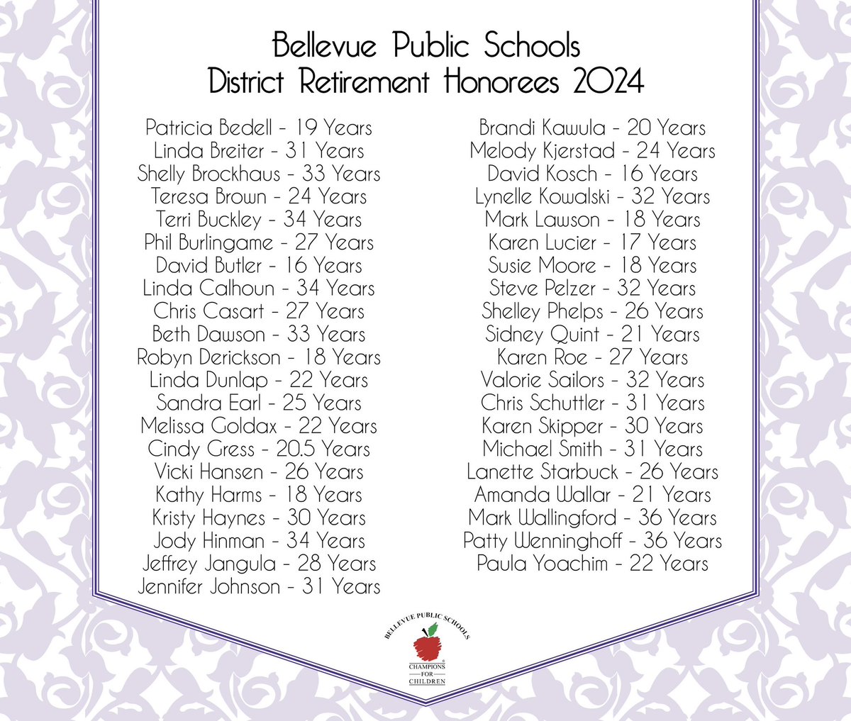 Bellevue Public Schools honored our 2023-24 Retirement/Resignation recipients. The Honorees exemplify dedication, hard work & commitment to our students, families & community.
 
Congratulations & Thank You! You’ll always be a member of TeamBPS💜 #ChampionsForChildren #bpsne