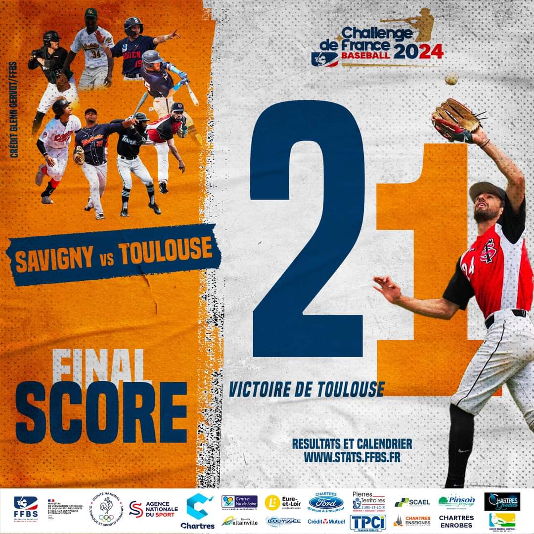 FINAL SCORE - Challenge de France Baseball 2024 ⚾️ À Chartres, victoire du @StadeToulousain face à @SavignyBaseball : 2-1 ! #ChallengedeFrance #Baseball #France